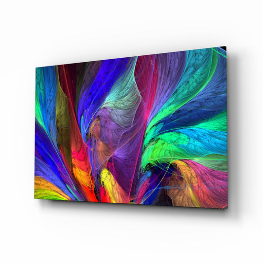 Colorful Patterns glass wall art displayed above a console in a designer interior