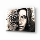 Woman Portrait glass wall art displayed above a console in a designer interior