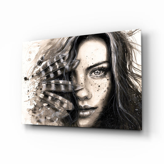 Woman Portrait glass wall art displayed above a console in a designer interior