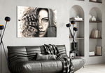 Woman Portrait glass wall art styled above a vanity in a dressing area
