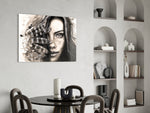 Woman Portrait panel adding editorial mood to a powder room