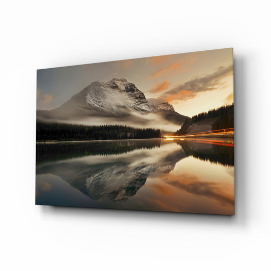 Lake and Mountain Landscape glass wall art displayed above a console in a designer interior