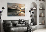 Lake and Mountain Landscape glass wall art styled above a desk in a traveler's study
