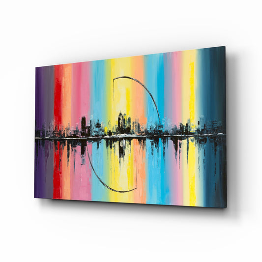 City Silhouette glass wall art displayed above a console in a designer interior