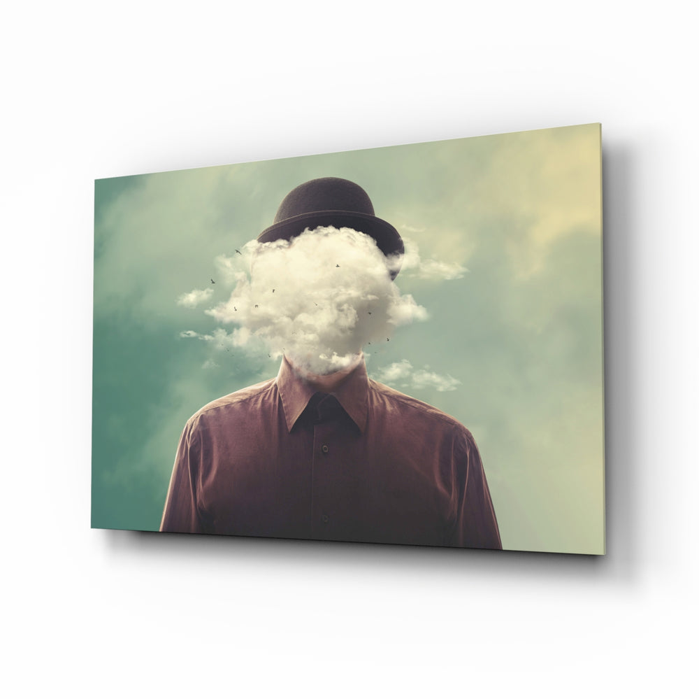 Cloud Man glass wall art displayed above a console in a designer interior