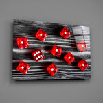 Crimson-dice panel bringing games-noir mood to a contemporary living space