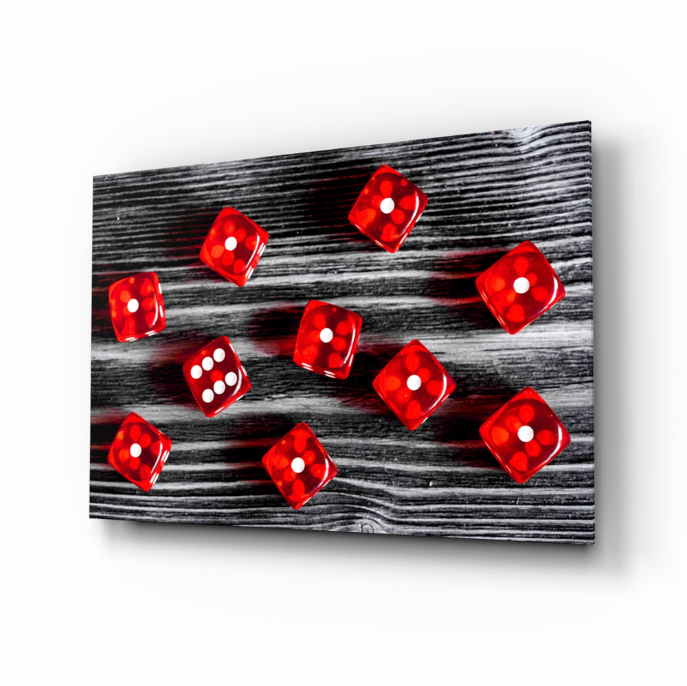 Dice glass wall art displayed above a console in a designer interior