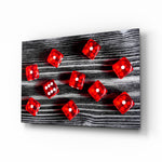 Dice glass wall art displayed above a console in a designer interior