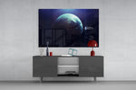 World panel catching low light to reveal its atmospheric whorls
