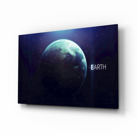 World glass wall art displayed above a console in a designer interior