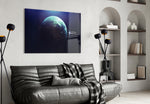 World glass wall art styled above a desk in a cosmic child's room
