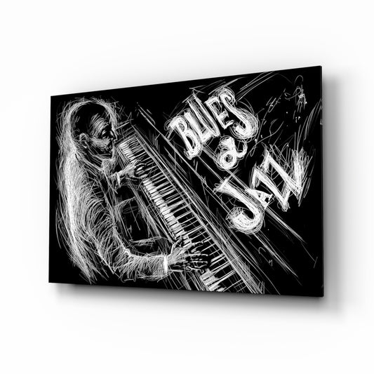 Jazz Blues Music glass wall art displayed above a console in a designer interior