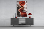 Flower Woman panel catching gallery light to reveal its sculptural blooms