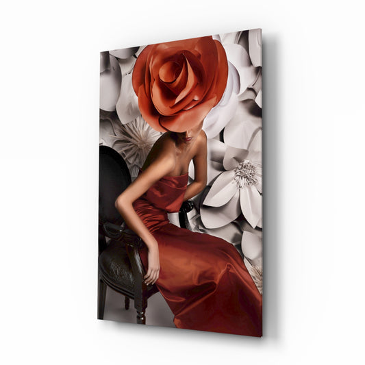 Flower Woman glass wall art displayed above a console in a designer interior