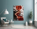 Flower Woman glass wall art styled above a vanity in a dressing area