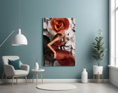 Flower Woman glass wall art styled above a vanity in a dressing area