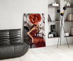 Flower Woman panel adding editorial pulse to a powder room