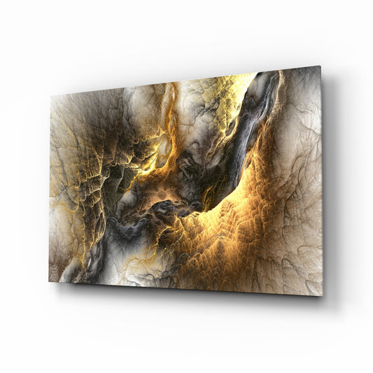 Golden Chaos glass wall art displayed above a console in a designer interior
