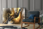 Golden Chaos glass print enhancing a lounge with metallic mood