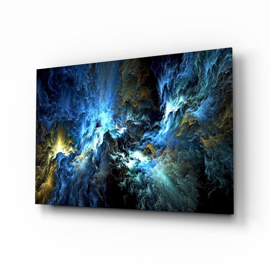 Cosmic Blue glass wall art displayed above a console in a designer interior