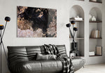 Rustic Imagination glass wall art styled above a desk in an introspective study