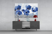 Blue Flowers panel catching soft light to reveal its painterly oil