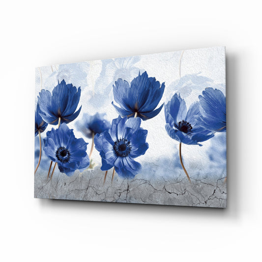 Blue Flowers glass wall art displayed above a console in a designer interior