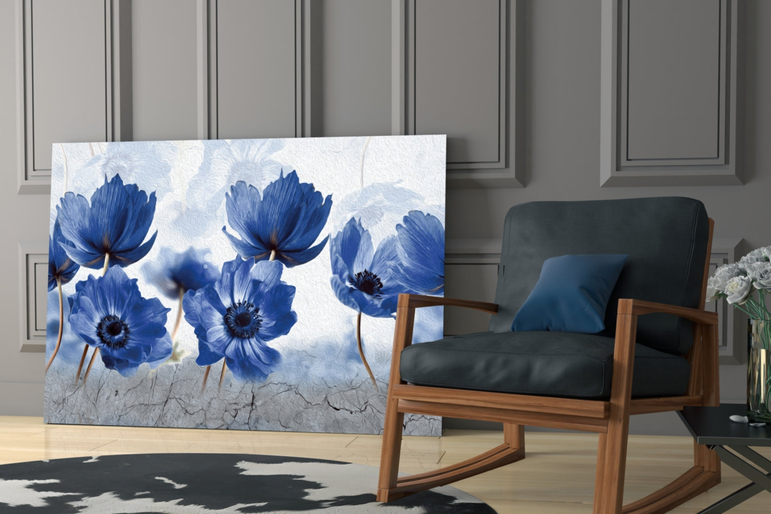 Blue Flowers Glass Wall Art.