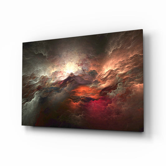 Red Chaos glass wall art displayed above a console in a designer interior