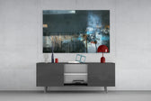 Abstract Art panel catching low light to reveal its tactile drips