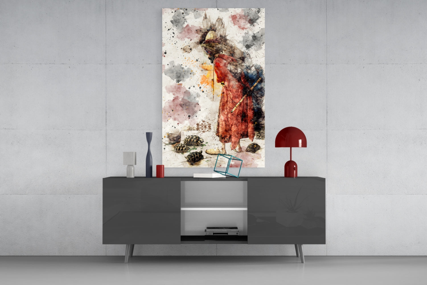 Tortoise Trainer Illustration Glass Wall Art.