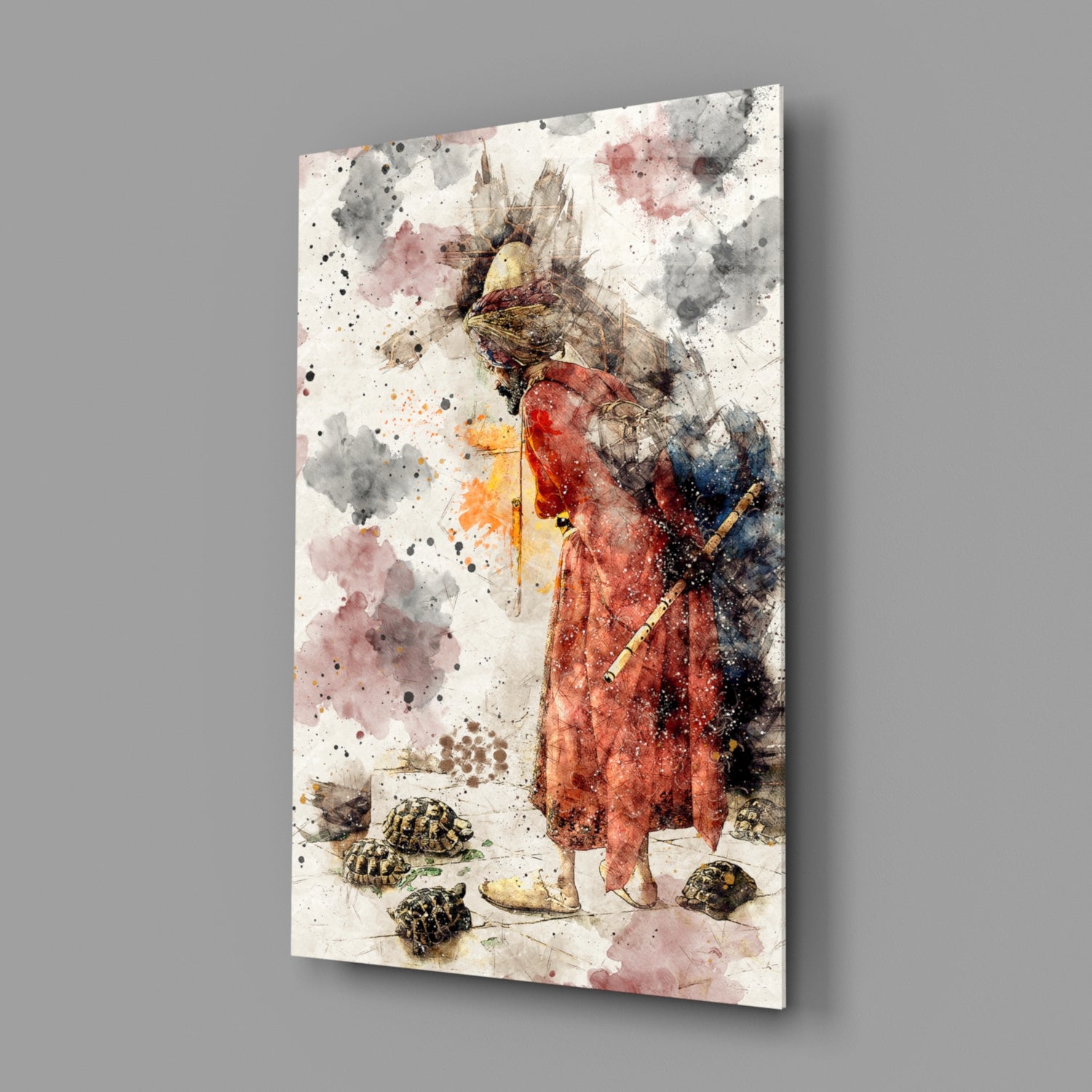 Tortoise Trainer Illustration Glass Wall Art.