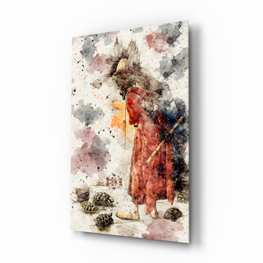 Tortoise Trainer Illustration glass wall art displayed above a console in a designer interior