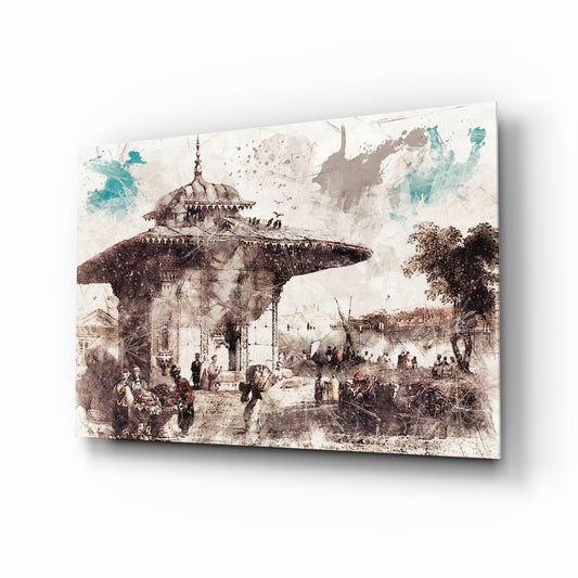 Uskudar Illustration glass wall art displayed above a console in a designer interior