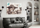 Uskudar Illustration glass wall art styled above a desk in a traveler's-nostalgia study