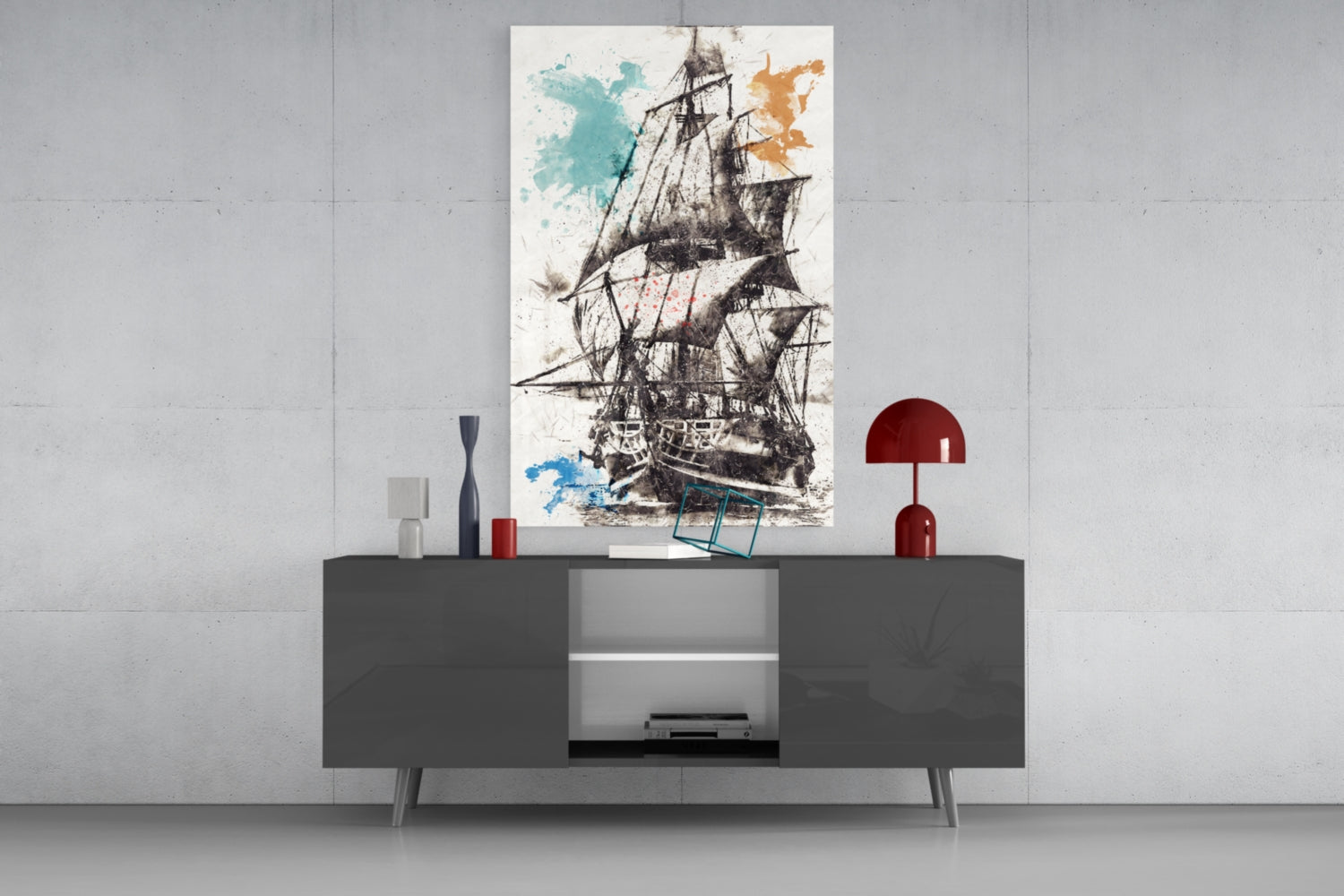 Ship Illustration Glass Wall Art.