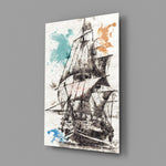 Watercolor-galleon panel bringing seafaring romance to a contemporary living space