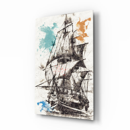 Ship Illustration glass wall art displayed above a console in a designer interior