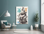 Ship Illustration glass wall art styled above a desk in an explorer-mood study