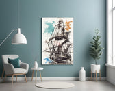 Ship Illustration glass wall art styled above a desk in an explorer-mood study