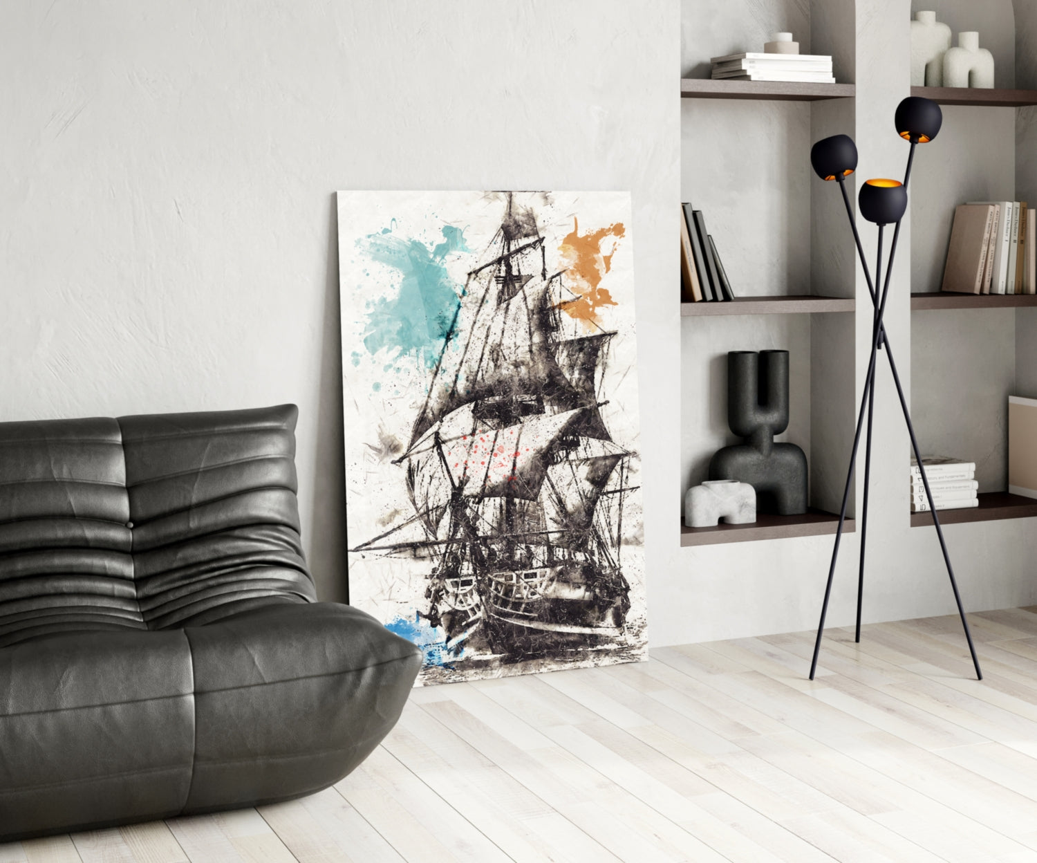 Ship Illustration Glass Wall Art.