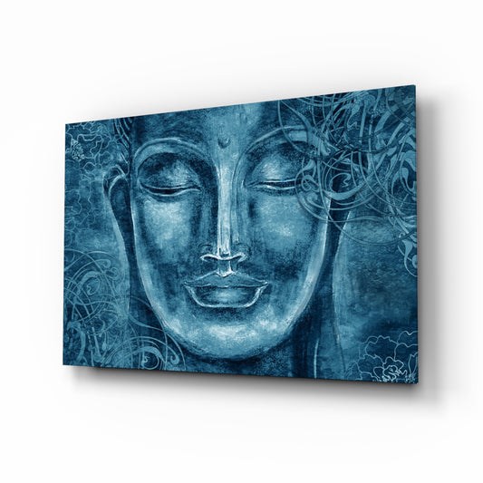 Mystical Blue Sculpture glass wall art displayed above a console in a designer interior