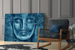 Mystical Blue Sculpture glass print enhancing a bedroom with tranquil tone