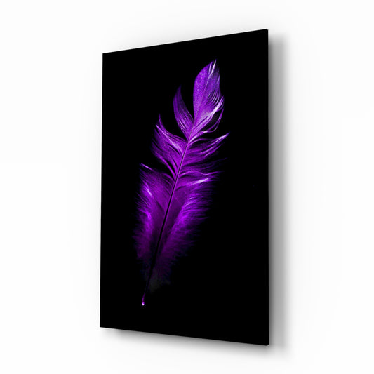 Purple Feather glass wall art displayed above a console in a designer interior