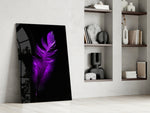 Purple Feather glass print enhancing a bedroom with serene drama