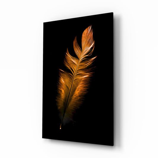 Copper Feather glass wall art displayed above a console in a designer interior