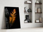 Copper Feather glass print enhancing a bedroom with serene drama