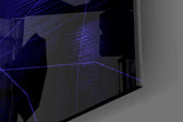 Darko Purple artwork anchoring a wall with bold cyberpunk palette