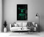 Close-up detail of emerald antlers and geometric constellation between horns