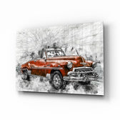 Red Chevrolet glass wall art displayed above a console in a designer interior